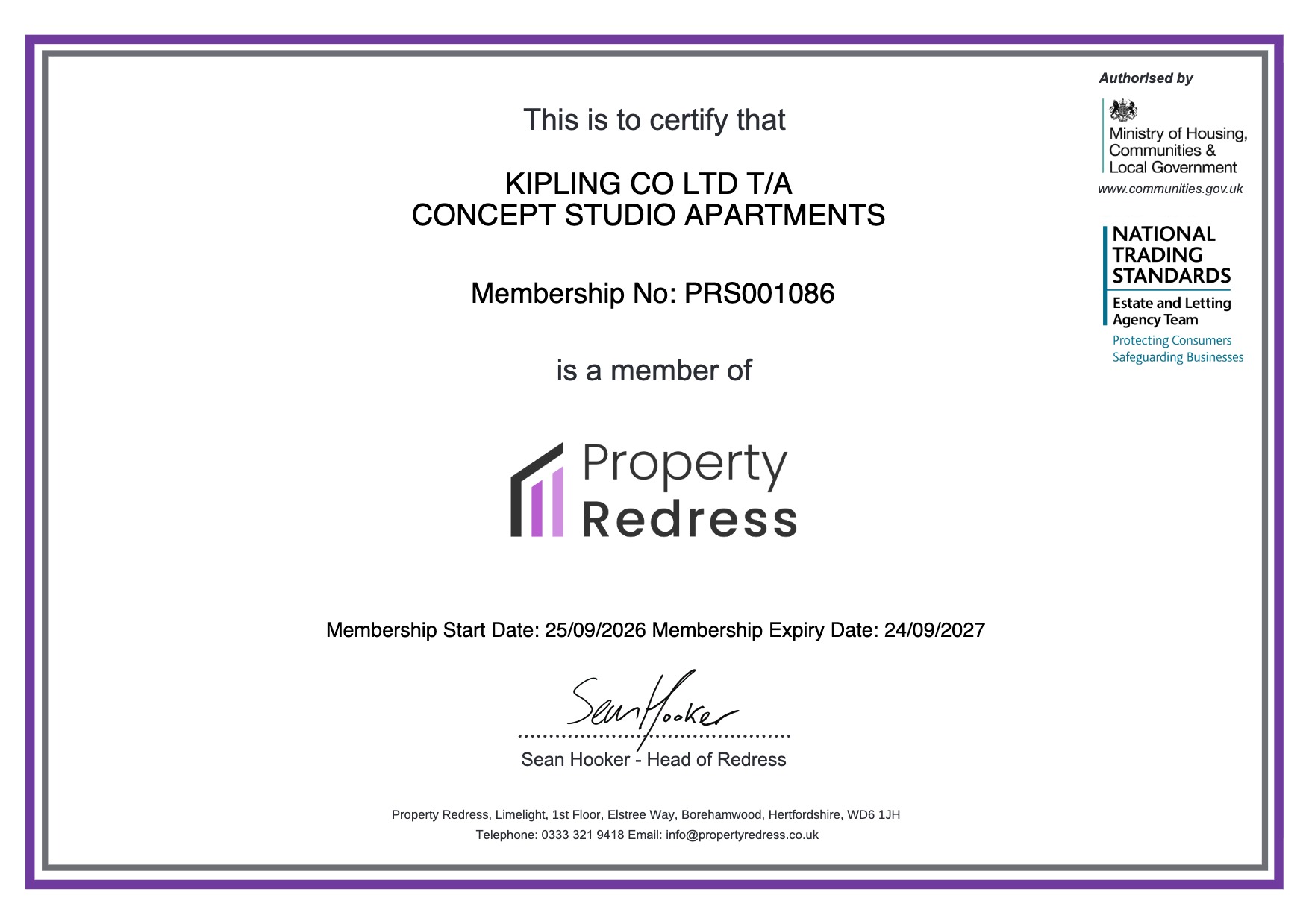 Property Redress Scheme membership certificate for Kipling Co Ltd T/A Concept Studio Apartments, membership number PRS001086, valid until 24 September 2027